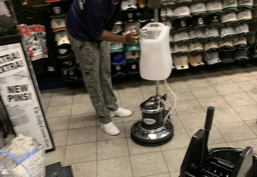 Cleaner operating a rotary floor machine beside retail hat displays